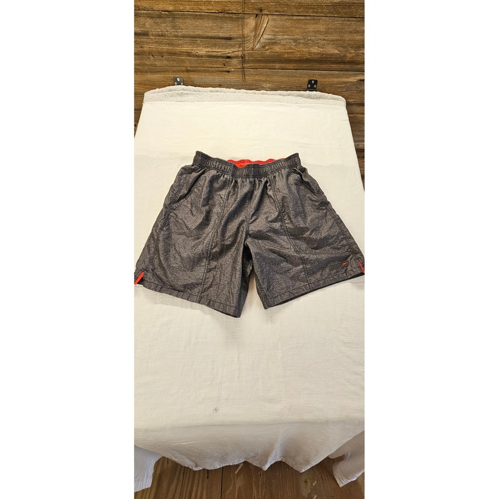 Speedo Mens Swim Trunks Gray Heather Red Accent Mesh Liner Pockets Medium